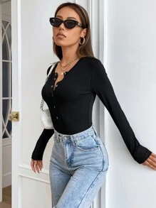 SHEIN EZwear 條紋針織半排扣連身背心 - 黑色 - 查看 4