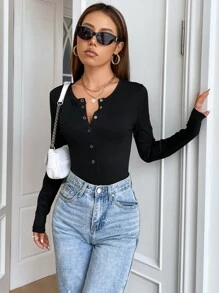 SHEIN EZwear 條紋針織半排扣連身背心 - 黑色 - 查看 5