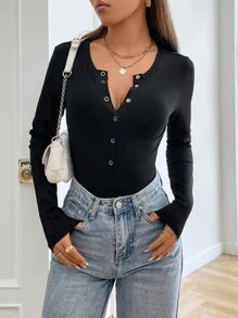SHEIN EZwear 條紋針織半排扣連身背心 - 黑色 - 查看 6