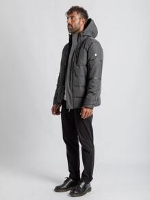 Men Patched Detail Hooded Padded Coat - Dark Grey - View 1