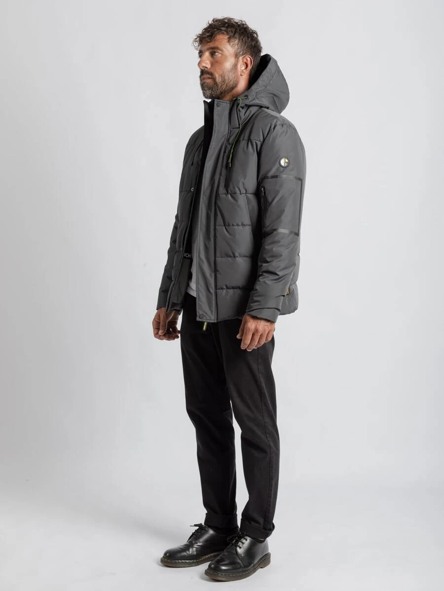 Men Patched Detail Hooded Padded Coat - Dark Grey - View 1