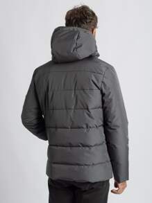 Men Patched Detail Hooded Padded Coat - Dark Grey - View 2