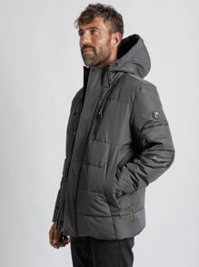Men Patched Detail Hooded Padded Coat - Dark Grey - View 3