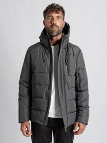 Men Patched Detail Hooded Padded Coat - Dark Grey - View 4