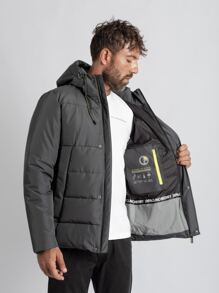 Men Patched Detail Hooded Padded Coat - Dark Grey - View 5