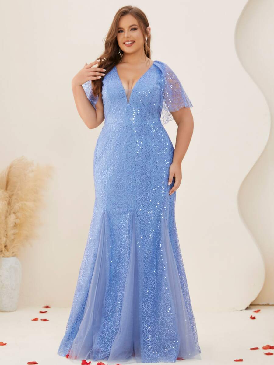 Plus Contrast Sequin Flounce Sleeve Mermaid Hem Mesh Dress - Blue - View 1