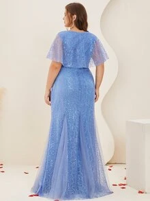 Plus Contrast Sequin Flounce Sleeve Mermaid Hem Mesh Dress - Blue - View 2