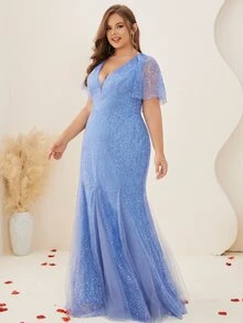 Plus Contrast Sequin Flounce Sleeve Mermaid Hem Mesh Dress - Blue - View 3