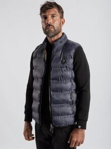 Men Solid Zip Up Padded Gilet - Navy Blue - View 1