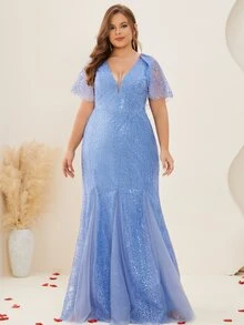Plus Contrast Sequin Flounce Sleeve Mermaid Hem Mesh Dress - Blue - View 4