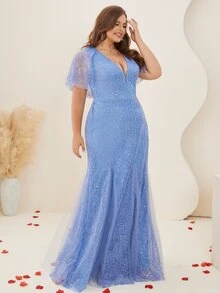 Plus Contrast Sequin Flounce Sleeve Mermaid Hem Mesh Dress - Blue - View 5