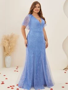 Plus Contrast Sequin Flounce Sleeve Mermaid Hem Mesh Dress - Blue - View 6