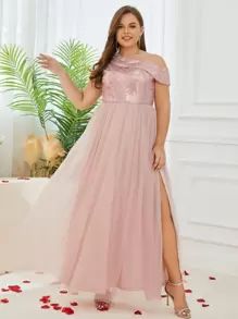 Talla grande Vestido de dama de honor de cuello asimétrico de muslo con abertura con lentejuelas de malla formal - Rosa coral - Ver 2