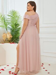 Talla grande Vestido de dama de honor de cuello asimétrico de muslo con abertura con lentejuelas de malla formal - Rosa coral - Ver 3