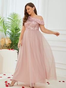 Talla grande Vestido de dama de honor de cuello asimétrico de muslo con abertura con lentejuelas de malla formal - Rosa coral - Ver 4