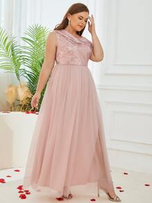 Talla grande Vestido de dama de honor de cuello asimétrico de muslo con abertura con lentejuelas de malla formal - Rosa coral - Ver 6