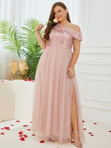 Talla grande Vestido de dama de honor de cuello asimétrico de muslo con abertura con lentejuelas de malla formal - Rosa coral - Ver 7