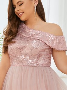 Talla grande Vestido de dama de honor de cuello asimétrico de muslo con abertura con lentejuelas de malla formal - Rosa coral - Ver 8