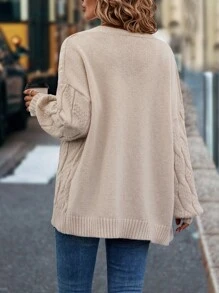 SHEIN LUNE 麻花編織落肩袖開襟開衫 - 杏色 - 查看 2