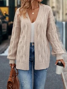 SHEIN LUNE 麻花編織落肩袖開襟開衫 - 杏色 - 查看 4