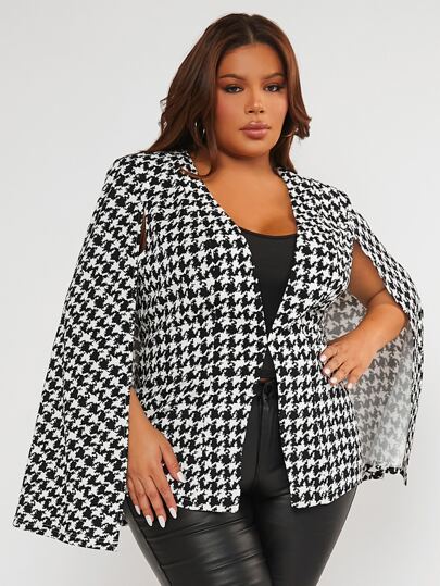 SHEIN SXY Plus Houndstooth Print Cloak Sleeve Blazer