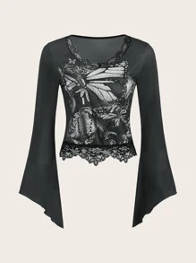 ROMWE 蝴蝶圖案蕾絲拼接T恤 - 黑色 - 查看 1