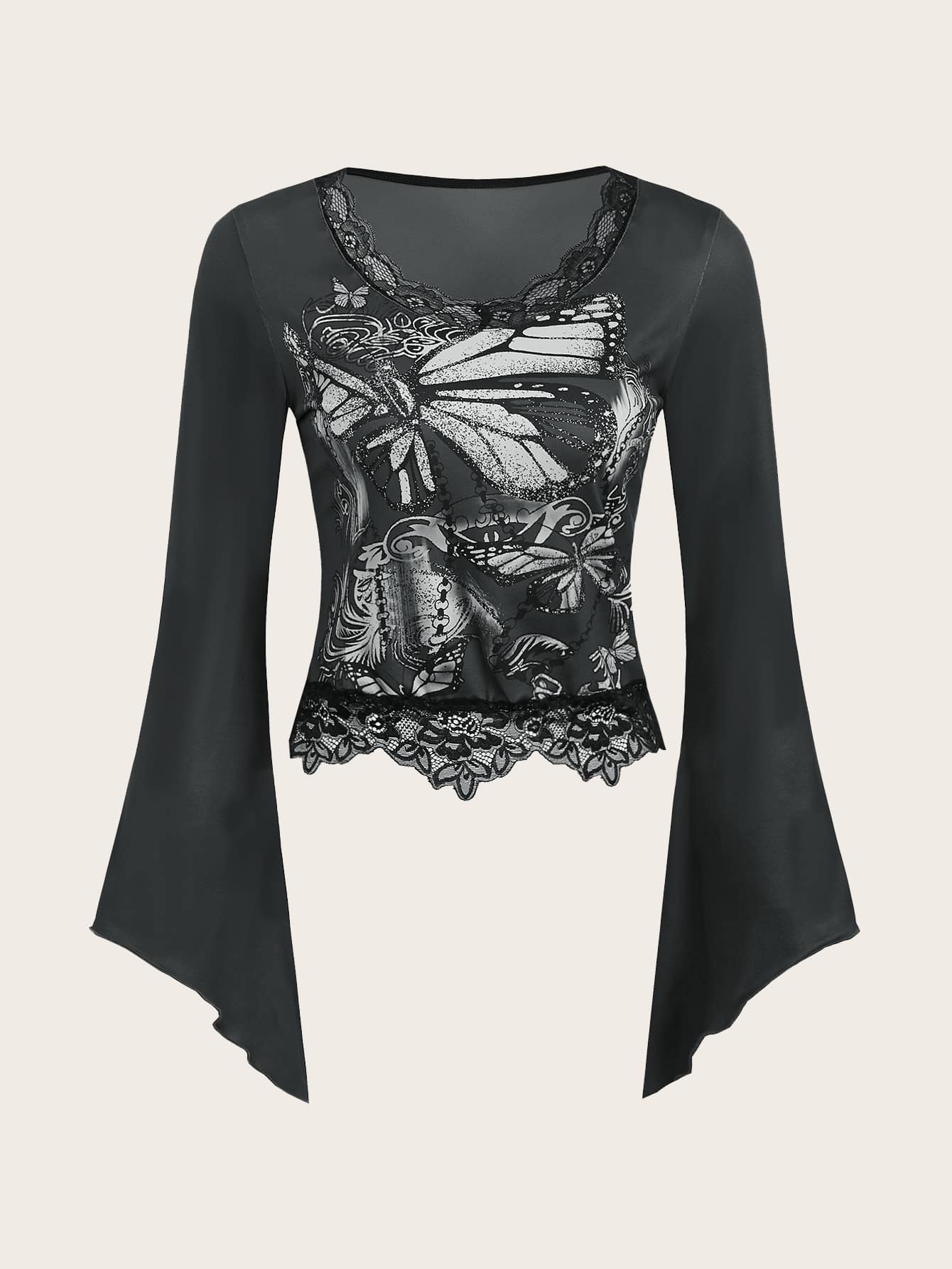 ROMWE 蝴蝶圖案蕾絲拼接T恤 - 黑色 - 查看 1