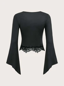 ROMWE 蝴蝶圖案蕾絲拼接T恤 - 黑色 - 查看 2