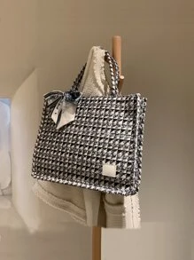 Gran capacidad, ligero, portátil, informal, a la moda, con decoración de bufanda Twilly, bolso con asa superior de tweed para niñas, mujeres, estudiantes universitarios, novatos y trabajadores administrativos para otoño e invierno, invierno cálido, para otoño, esencial para el invierno, para el trabajo, la oficina, los desplazamientos , Bolso de mano de tweed de moda universitaria, bolso de hombro de gran capacidad, bolso de viaje para mujer