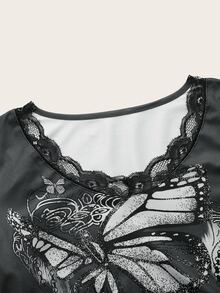 ROMWE 蝴蝶圖案蕾絲拼接T恤 - 黑色 - 查看 4