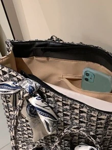 Gran capacidad, ligero, portátil, informal, a la moda, con decoración de bufanda Twilly, bolso con asa superior de tweed para niñas, mujeres, estudiantes universitarios, novatos y trabajadores administrativos para otoño e invierno, invierno cálido, para otoño, esencial para el invierno, para el trabajo, la oficina, los desplazamientos , Bolso de mano de tweed de moda universitaria, bolso de hombro de gran capacidad, bolso de viaje para mujer