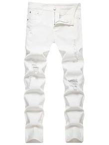 Manfinity Hombres Jeans ajustados desgarro crudo - Blanco - Ver 1