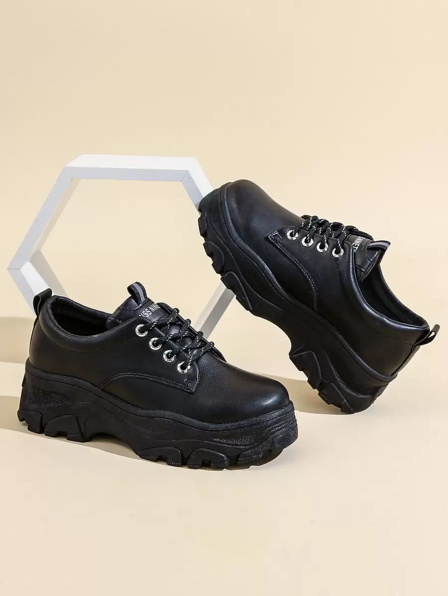 Lace-up Front Low Top Chunky Sneakers, Women's Black Sports Shoes - Black - View 1