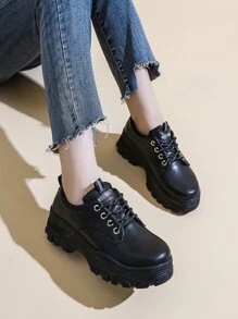 Lace-up Front Low Top Chunky Sneakers, Women's Black Sports Shoes - Black - View 2