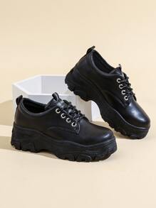 Lace-up Front Low Top Chunky Sneakers, Women's Black Sports Shoes - Black - View 3