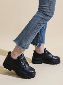 Lace-up Front Low Top Chunky Sneakers, Women's Black Sports Shoes - Black - View 5