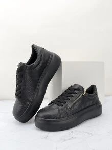 Fish Scale Pattern Zipper Side Lace-up Front Skate Shoes - Black - View 3