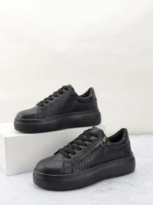 Fish Scale Pattern Zipper Side Lace-up Front Skate Shoes - Black - View 2