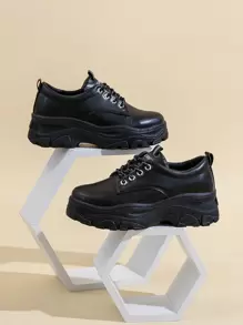 Lace-up Front Low Top Chunky Sneakers, Women's Black Sports Shoes - Black - View 7