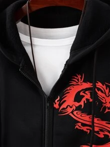 Manfinity Men Dragon And Letter Graphic Drawstring Thermal Hoodie Without Tee - Black - View 3