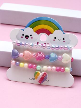 3pcs Colorful Heart Pendant Bracelet Set, Charm Multi-Color Beaded Bracelet, Jewelry Gift For Girls Birthday Party, Color Assorted