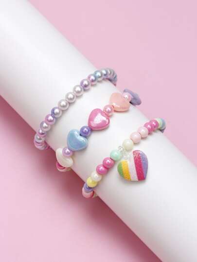 Bộ 3 vòng tay mặt dây chuyền hình trái tim nhiều màu, vòng tay hạt nhiều màu, quà tặng trang sức cho tiệc sinh nhật bé gái, nhiều màu sắc