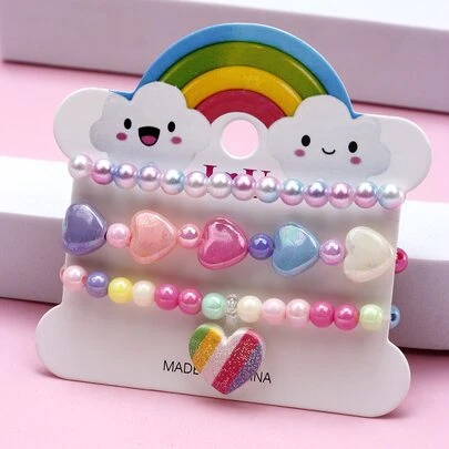 Bộ 3 vòng tay mặt dây chuyền hình trái tim nhiều màu, vòng tay hạt nhiều màu, quà tặng trang sức cho tiệc sinh nhật bé gái, nhiều màu sắc