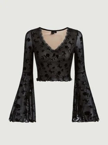 SHEIN MOD 印花木耳邊網紗上衣 - 黑色 - 查看 1