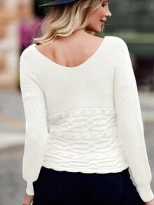 麻花編織落肩袖交叉套頭毛衣 - 白色 - 查看 3