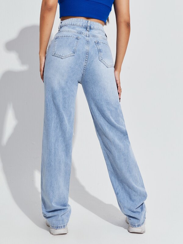 SHEIN EZwear Butterfly Print Ripped Straight Jeans SHEIN USA