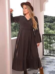 Rusttydustty Vestido con encaje de manga con volante bajo con fruncido - Marrón Chocolate - Ver 1