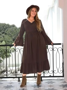 Rusttydustty Vestido con encaje de manga con volante bajo con fruncido - Marrón Chocolate - Ver 3