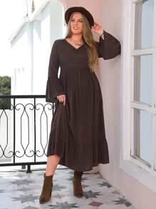 Rusttydustty Vestido con encaje de manga con volante bajo con fruncido - Marrón Chocolate - Ver 4