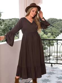 Rusttydustty Vestido con encaje de manga con volante bajo con fruncido - Marrón Chocolate - Ver 5